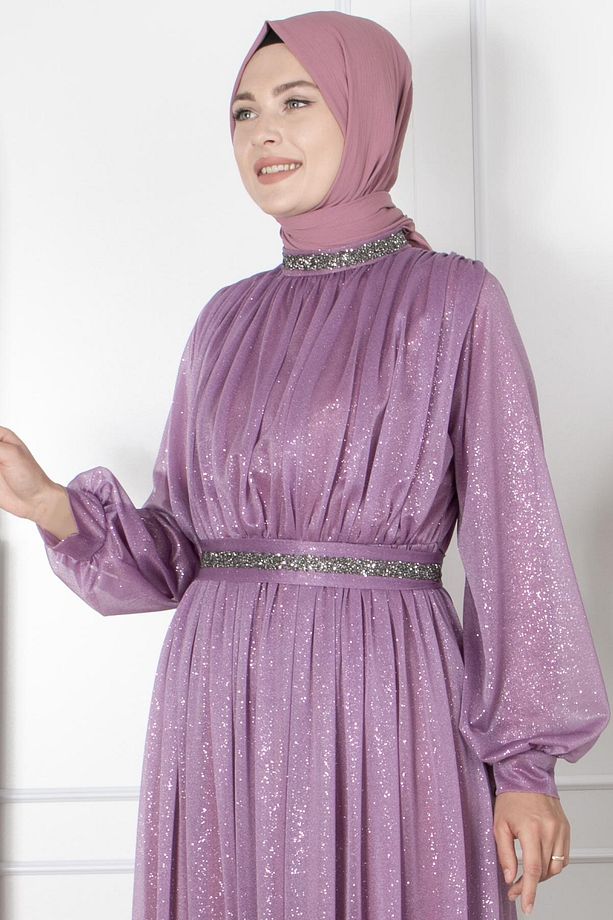 Taş Işlemeli Simli Tül Abiye Lila Fhm858 - 3