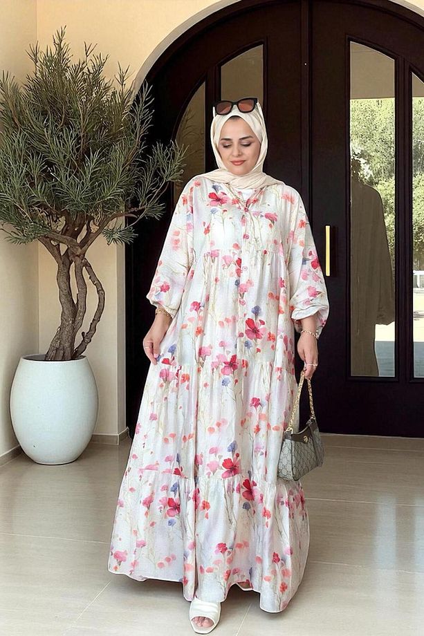 Pamuklu Çiçek Desenli Yazlık Robalı Elbise Bej - 1