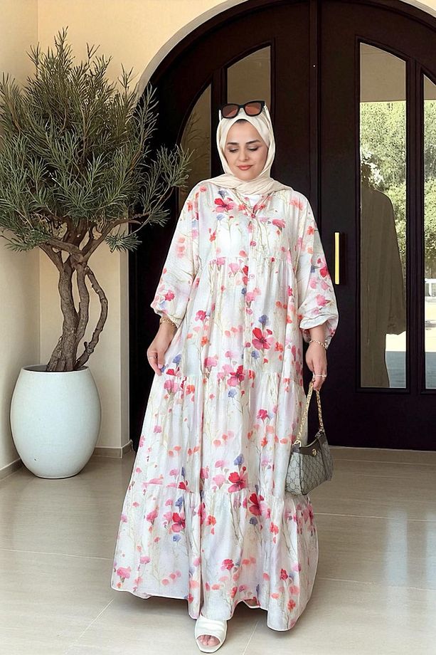 Pamuklu Çiçek Desenli Yazlık Robalı Elbise Bej - 6