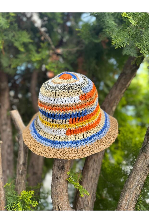 14719 El Örgüsü Turuncu Hasır Bucket Şapka - 3