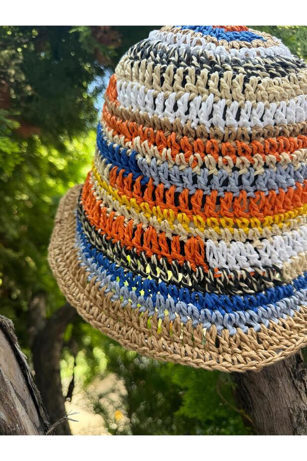 14719 El Örgüsü Turuncu Hasır Bucket Şapka - 5