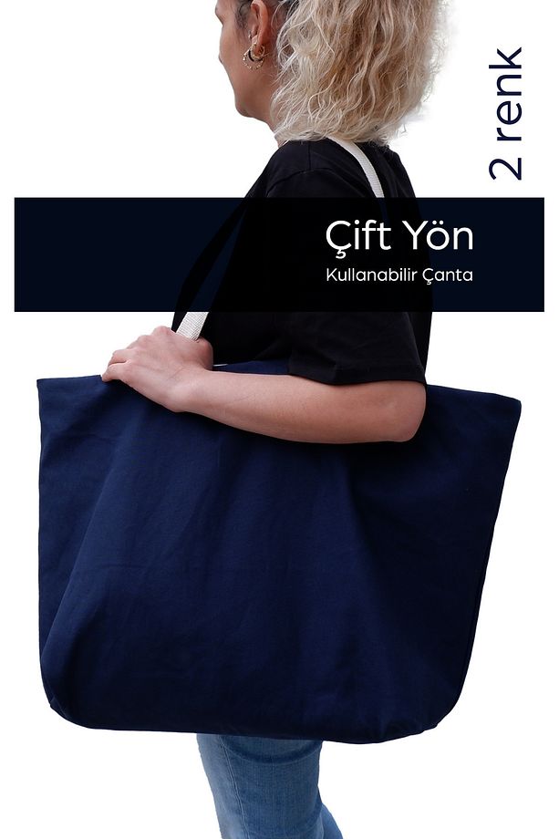 Lacivert Çift Yön Kullanılabilen Büyük 60 X 40 X 10 Canvas Çok Amaçlı Plaj Çanta - 3