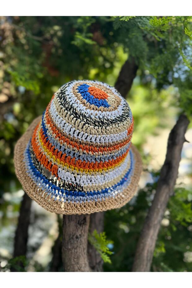 14719 El Örgüsü Turuncu Hasır Bucket Şapka - 4