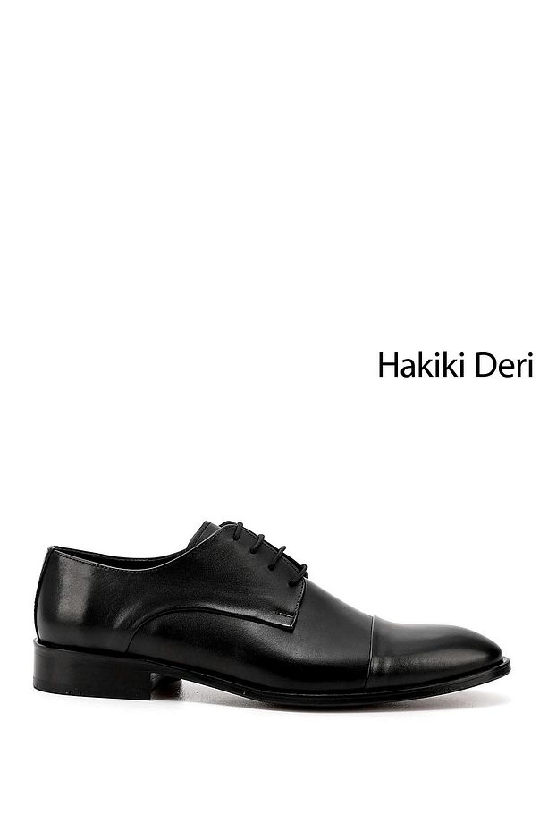 Erkek Siyah Bağcıklı Kösele Taban Hakiki Deri Klasik Ayakkabı - 1
