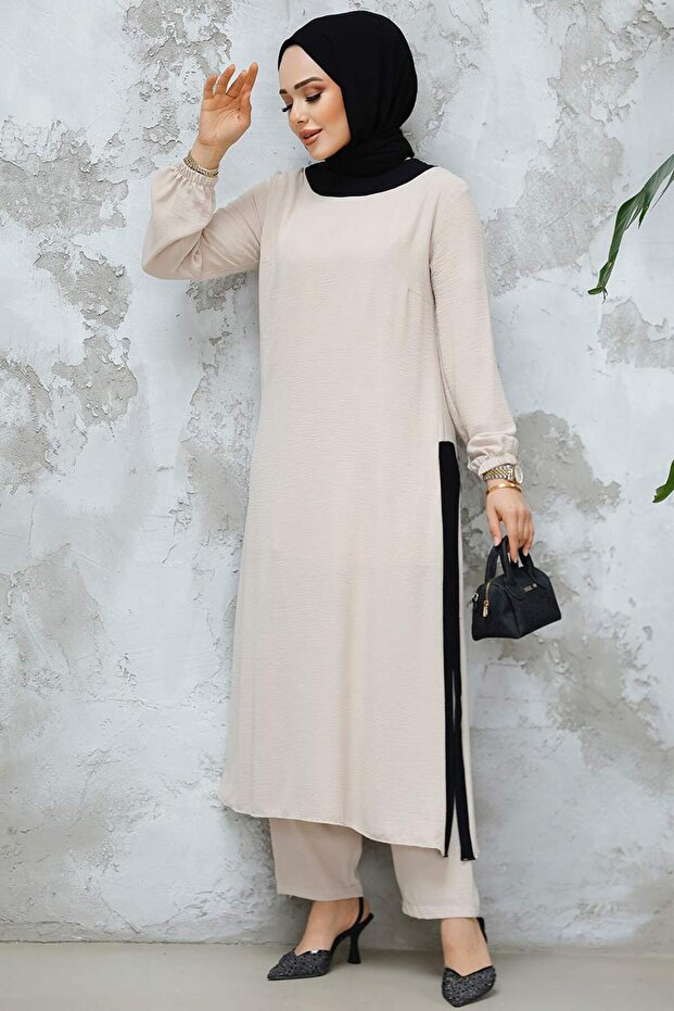 Beige Hijab Double Set - Slit Detail 65877Beige