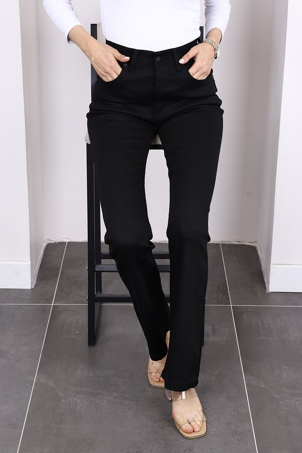 Siyah Yüksek Bel İspanyol Paça Jeans Pantolon - 4