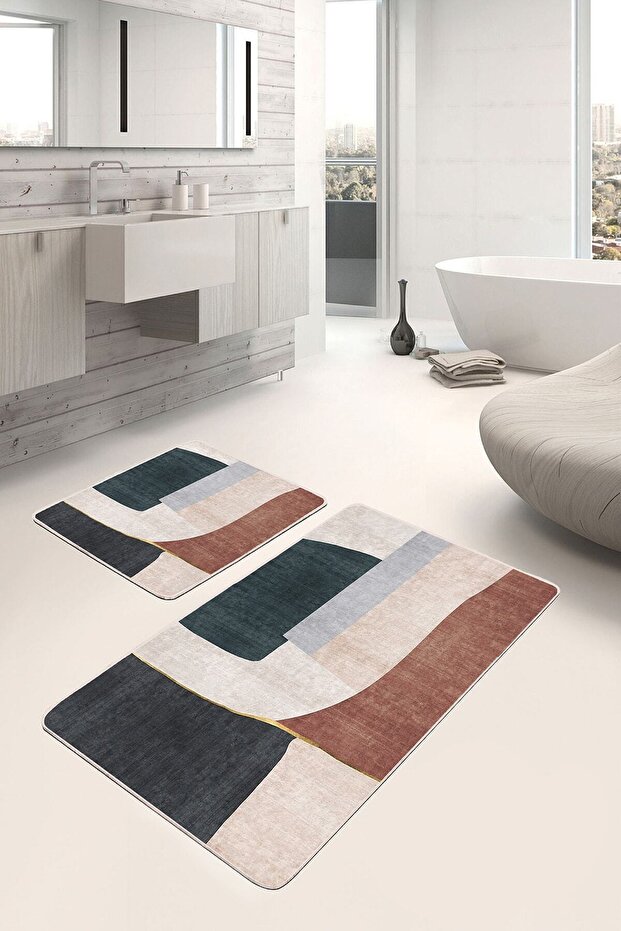 Cream Floor Woven Carpet with Motif Modern Art Geometric Simple & Stylish 2-Piece Bathroom & Kitchen Mat Set