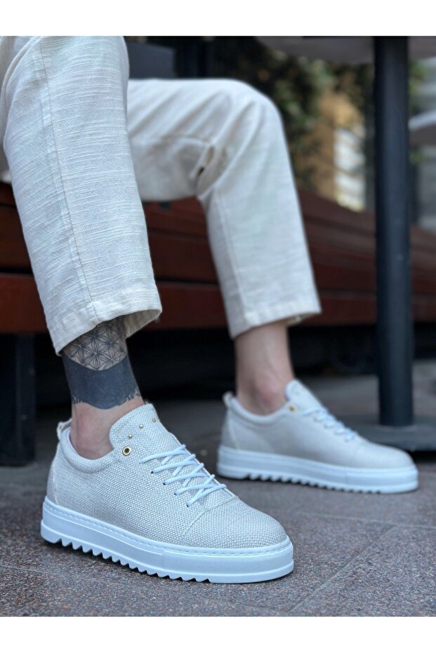 Lace-Up Linen Men's Shoes Cream (White Sole)