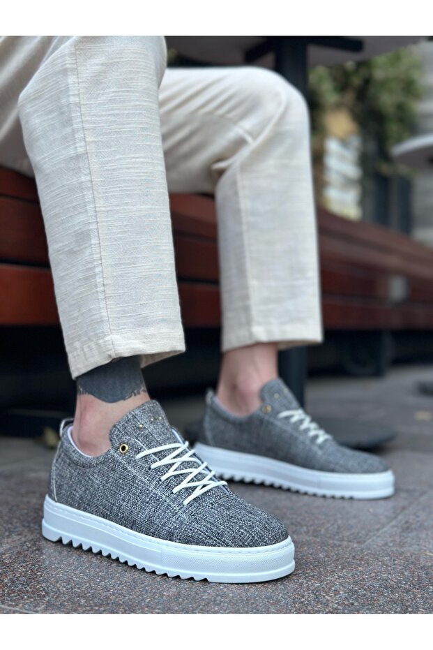Lace-Up Linen Men's Shoes Gray (White Sole)