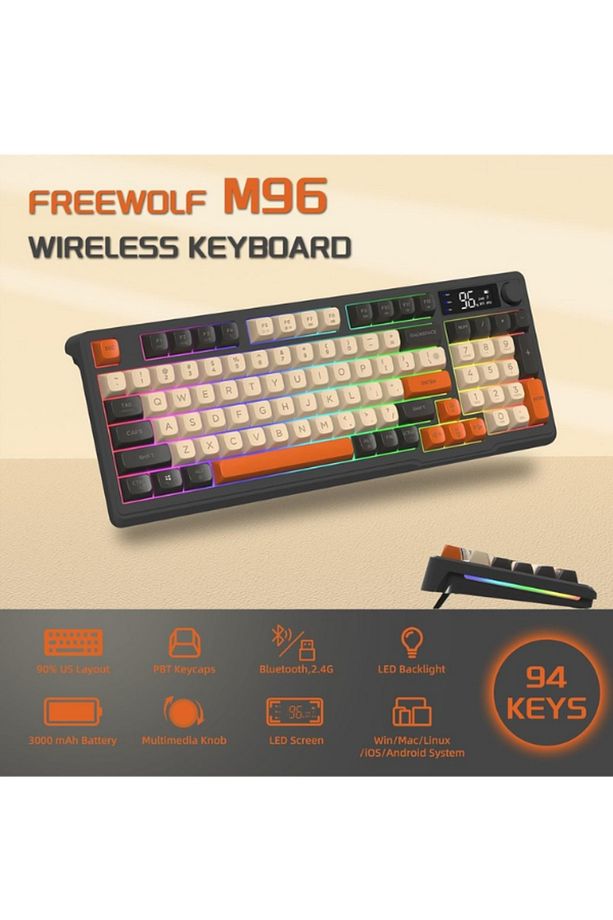 Freewolf M96 Klavye Bluetooth/2.4g Kablosuz Klavye Işıklı Usb Type-c Kablolu Şarj Gösterge Panelli - 4