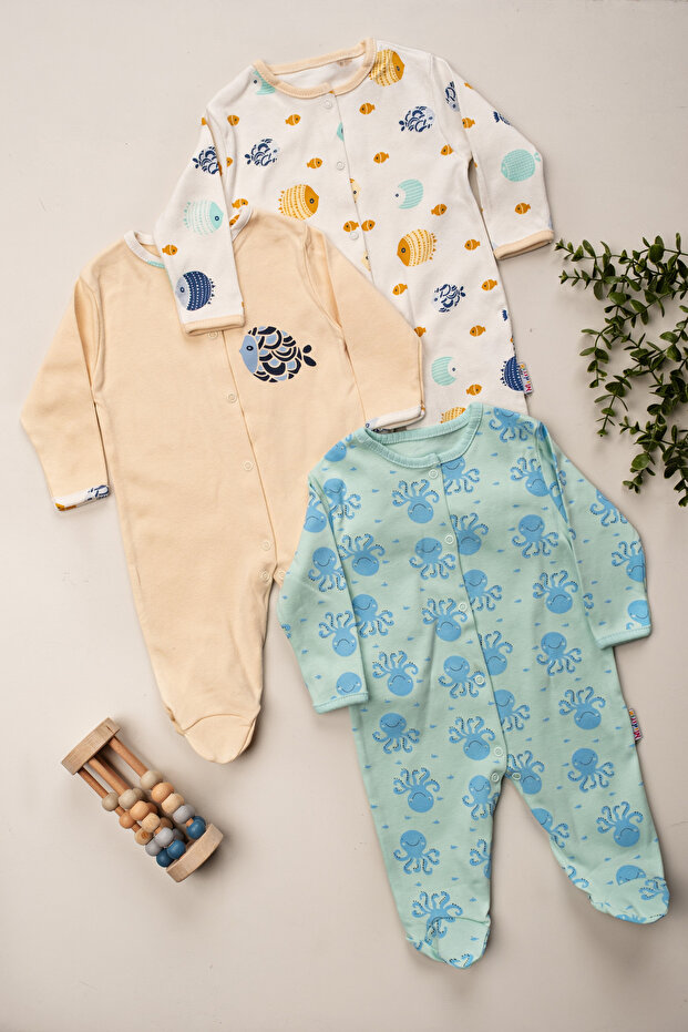Girls' and Boys' Printed Cotton Snap-Fastened Footed 3-Piece Newborn Outfit Romper Set 3-6-9 Months