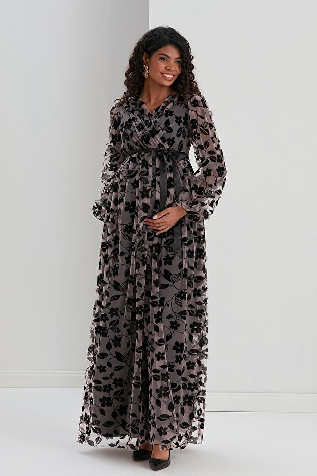 A024-Sharmaşık Pattern Organized Tulle Double Breasted Collar Maternity Dress