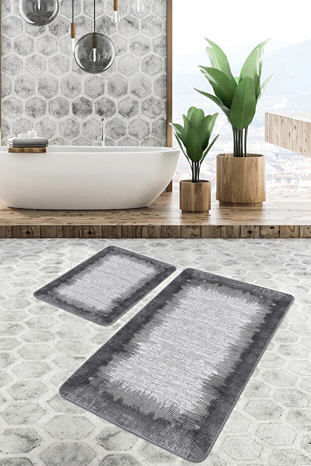 Black - Gray Framed Motif Antique Motif Vintage 2-Piece Bathroom & Kitchen Mat Set