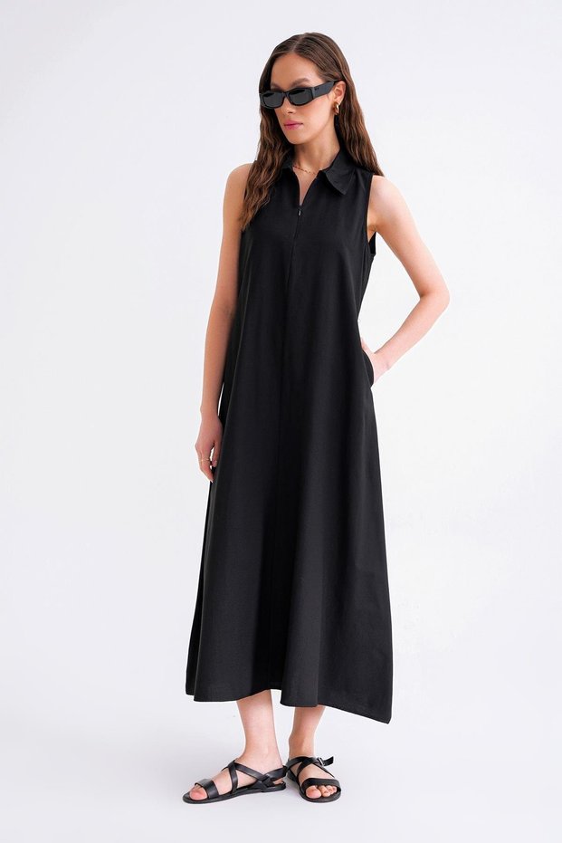 4692 Women's Shirt Collar Zippered Maxi Length Oxford Dress Black