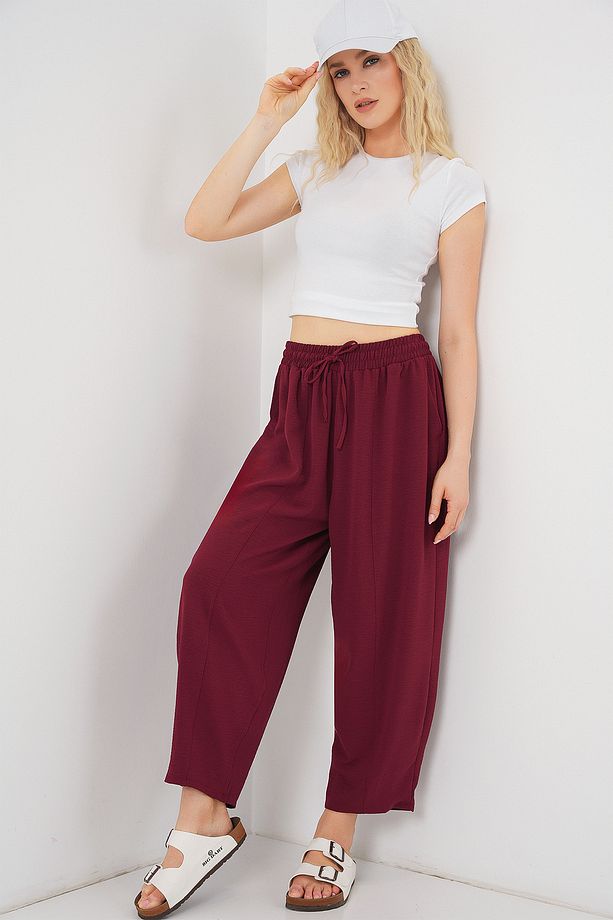 6591 Dokuma Şalvar Pantolon - Bordo - 3