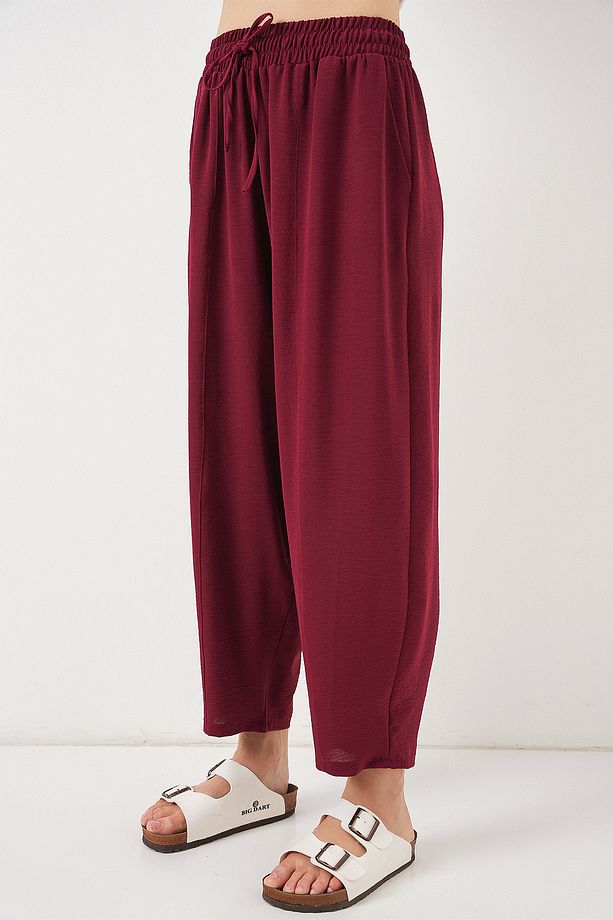 6591 Dokuma Şalvar Pantolon - Bordo - 2