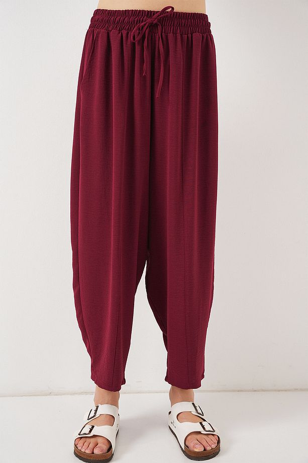 6591 Dokuma Şalvar Pantolon - Bordo - 4