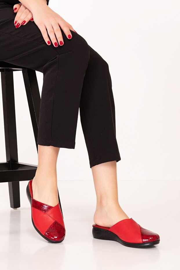 Genuine Leather House Slippers Özl.450 Red Combination