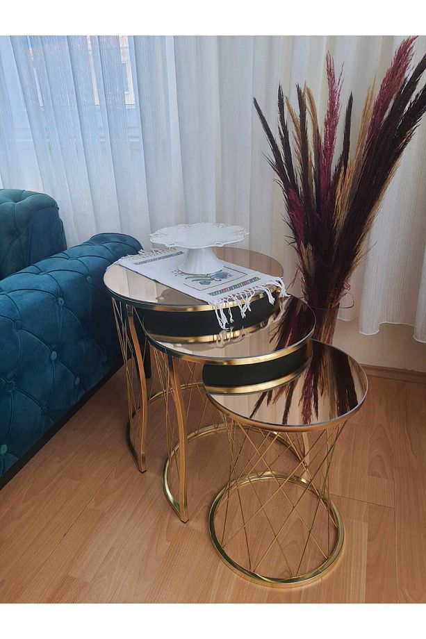 Ekübya Home Hasır C Üçlü Zigon Sehpa Gold Ayak Bronz Ayna - 4