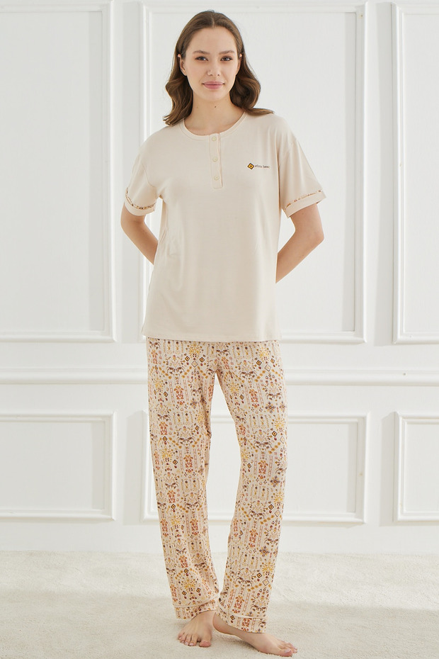 Ethnic Patterns Bej Kısakol Kadın Pijama Takımı - 4