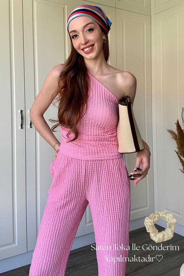 Gofre Kumaş Tek Omuzlu Pembe Takım - 1