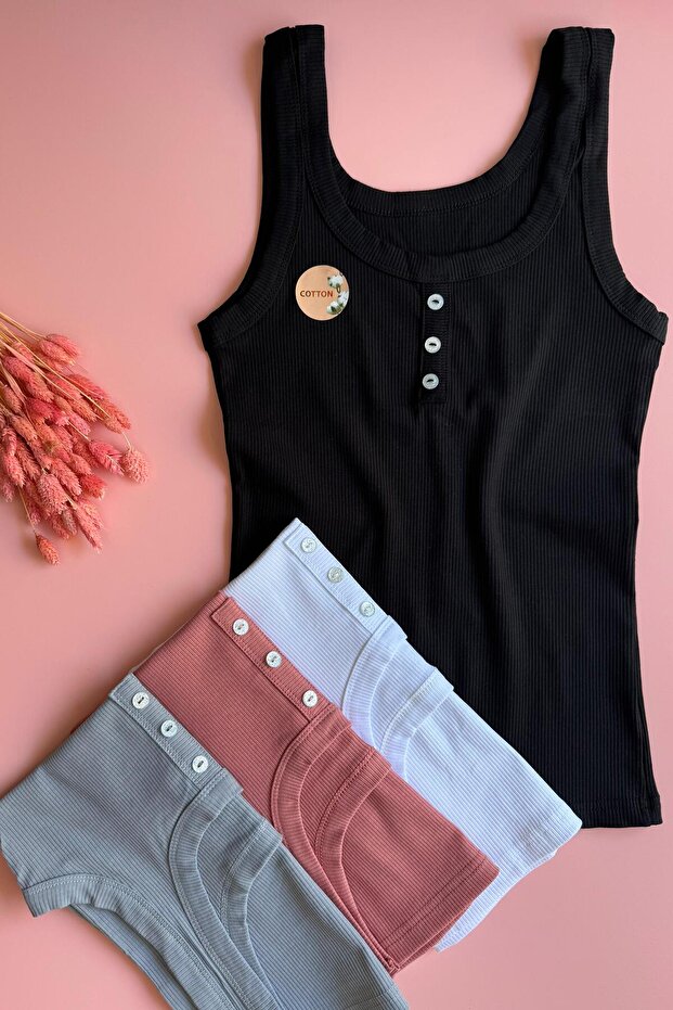 Camisole 4-Piece Button Detailed Colorful Long Tank Top-Blouse