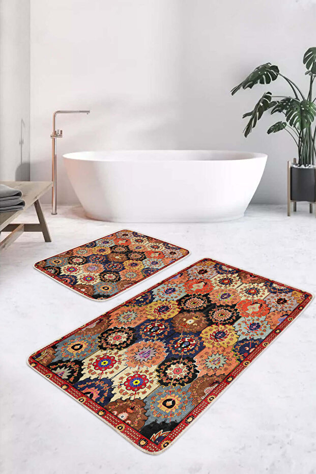 مجموعة من قطعتين من سجادة الحمام القابلة للغسل وقاعدة غير قابلة للانزلاق ونمط مرقعة متعددة الألوان - 4