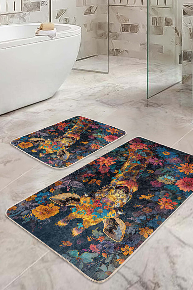 Floral Giraffe Patterned Non-Slip Base Washable 2-Piece Bath Mat Set