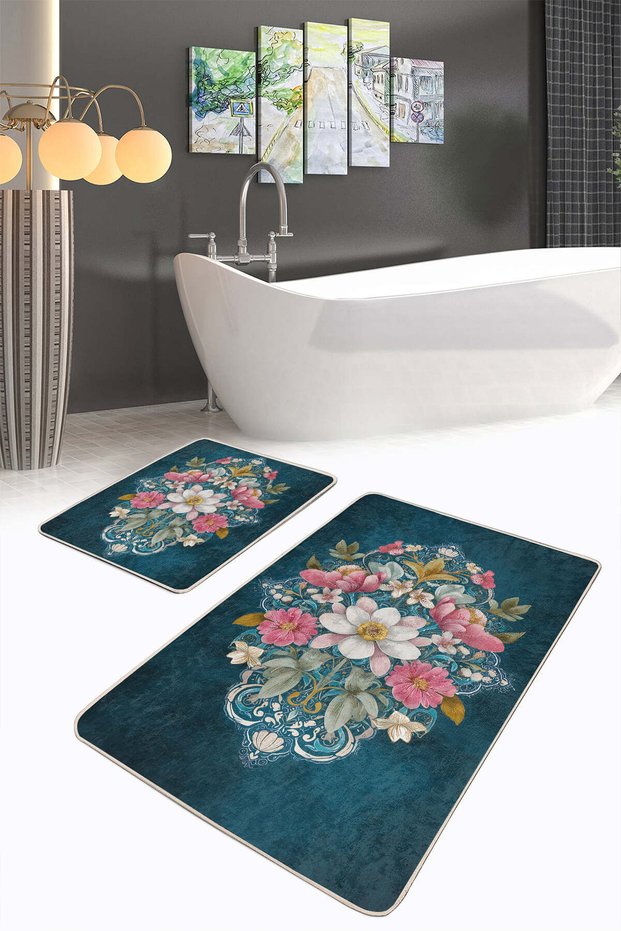 Vintage Floral Patterned 2-Piece Non-Slip Base Washable Bath Mat Set