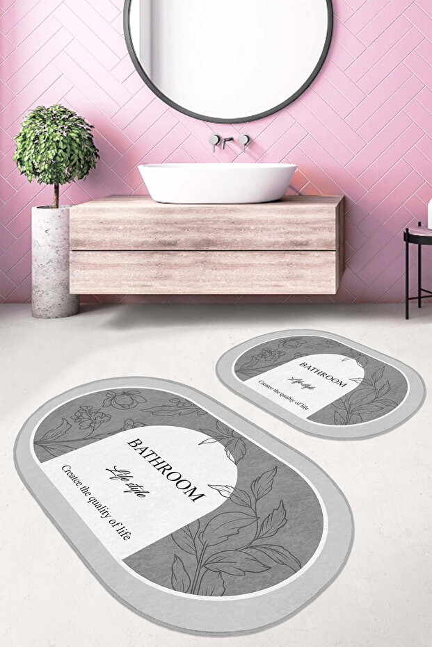 Gray Floral Bathroom Text Printed Set of 2 Non-Slip Base Washable Bath Mat