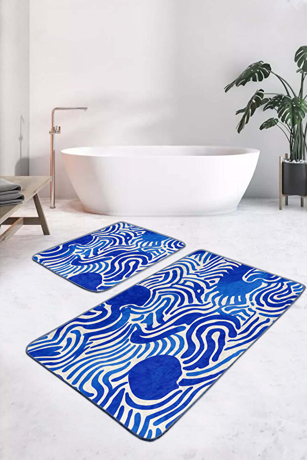 Wave Patterned Blue-White Modern 2-Piece Non-Slip Base Washable Bath Mat Set