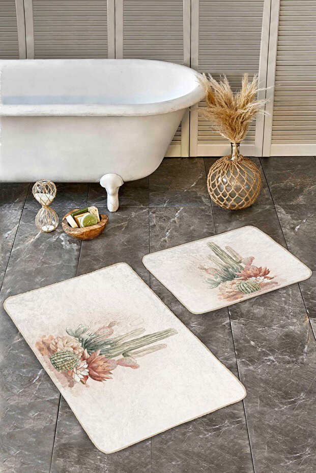 مجموعة سجادة حمام قابلة للغسل بنمط حديث من الصبار والزهور باللون الأخضر المائي والكريمي مكونة من قطعتين