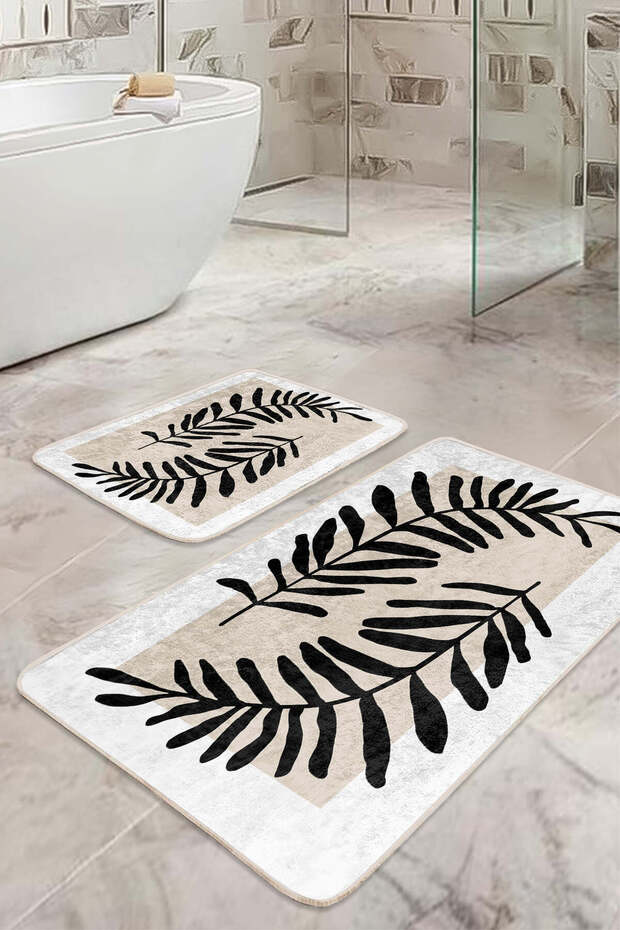 Black Leaf Patterned Beige-White Modern 2-Piece Non-Slip Base Washable Bath Mat Set