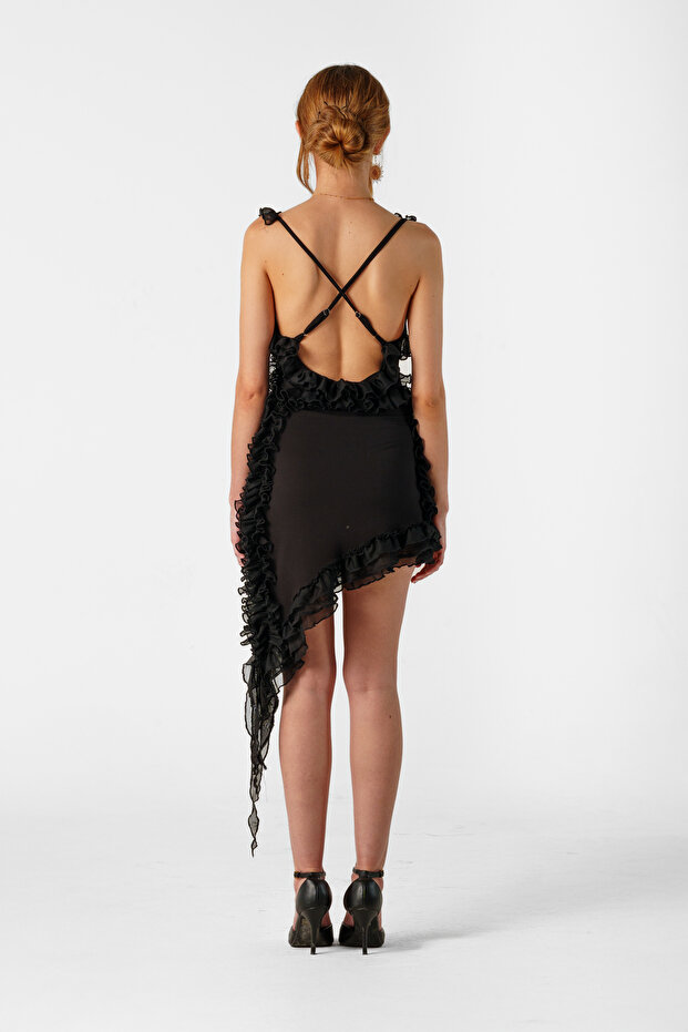 BELLA - Siyah Latin Fırfırlı Elbise - 4