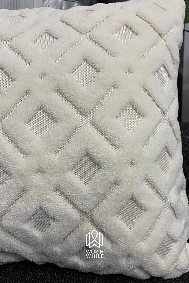 Grida Ecru Plush Square Patterned Throw Pillow Cover 43X43 cm |   Soft Embossed Throw Pillow Cover - 3