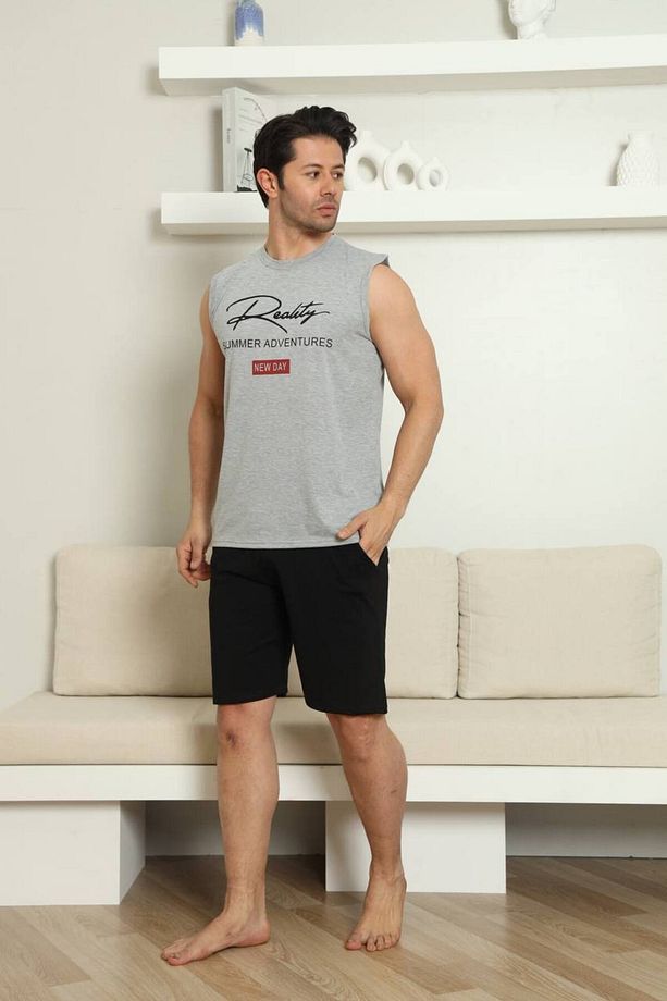 Erkek Gri %100 Pamuk Baskılı Atlet Şort Kolsuz Cepli Yazlık Pijama Takımı - 6