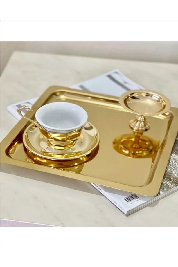 6 Adet Parlak Tek Taraflı Gold Altın Kare Paslanmaz Çelik Kahve Servis Sunum Tepsi (21X21CM) T - 2