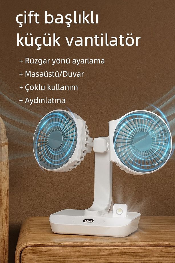 Çift Başlı Taşınabilir USB Şarjlı Fan, LED Gece Lambası ve 270° Dönebilir Baş, Ev, Ofis, Kamp CZ-01X - 5