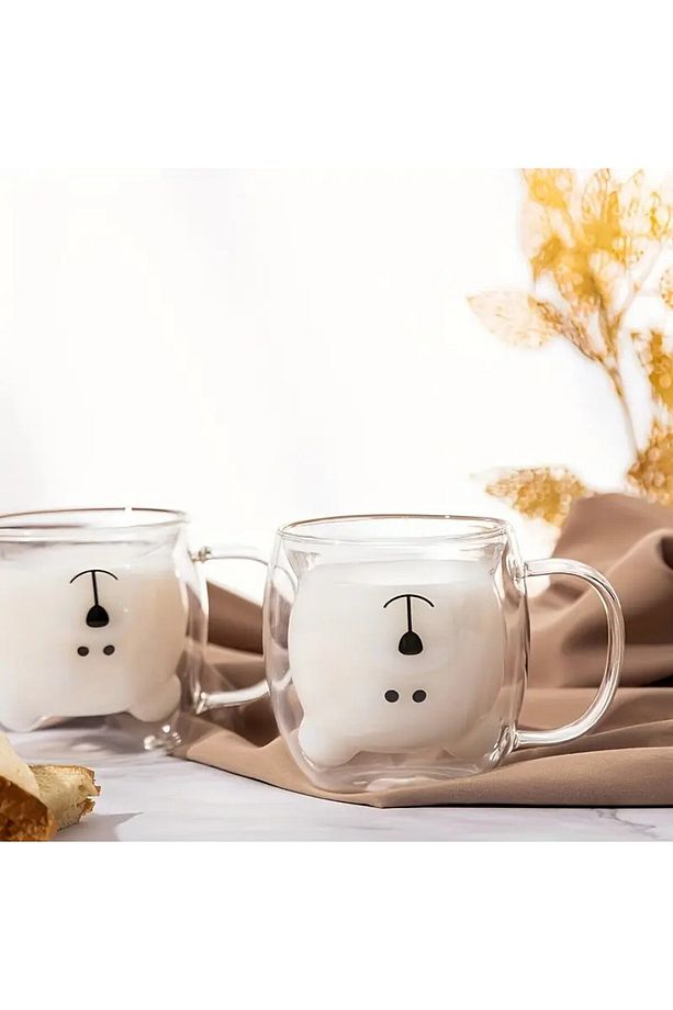 Ayıcıklı Çift Cidarlı Tasarım Cam Kupa 250 ml - Hediyelik Çift Cidarlı Ayıcık Kupa - 8