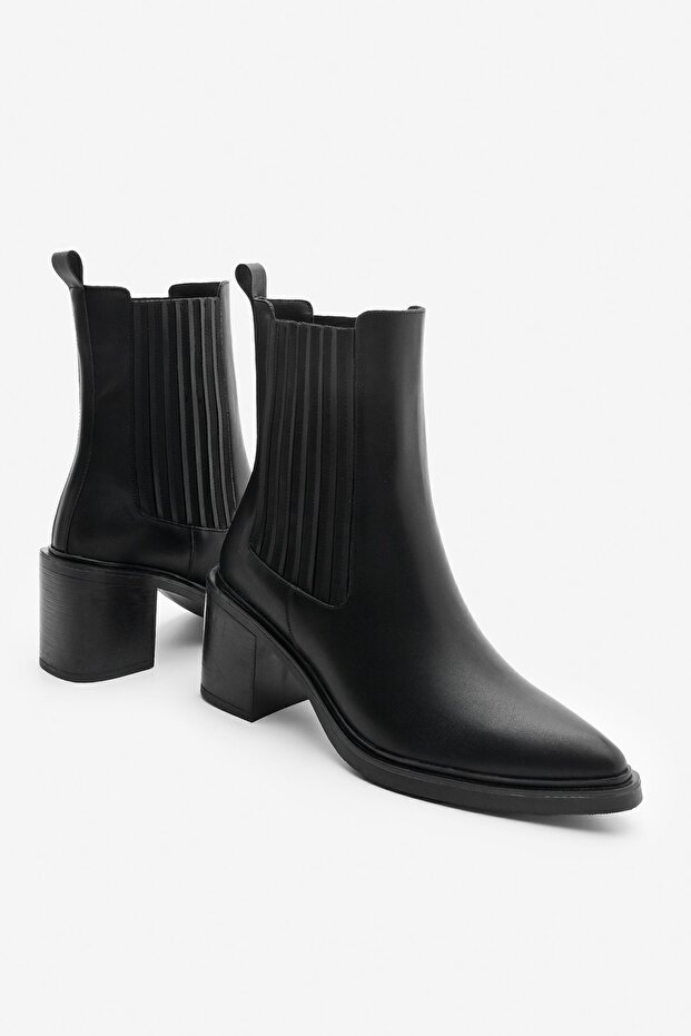 Women's Pointed Toe Double Elastic Thick Heeled Boots Solav Black