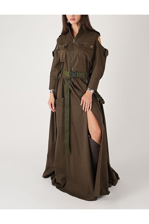 Utility & Military Detaylı Maxi Şık Davet Elbisesi - 3