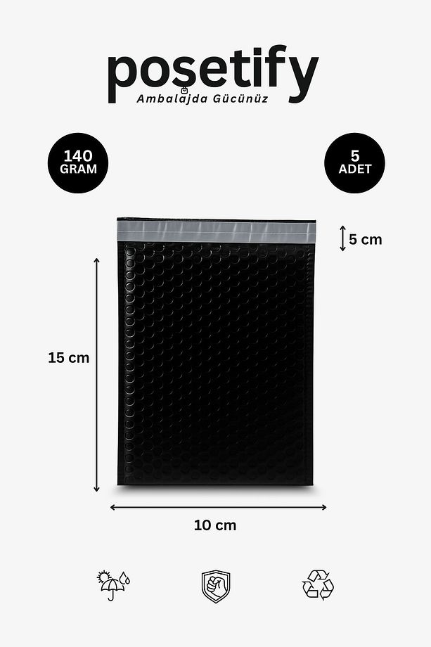 Balonlu Siyah Kargo Poşeti 10x15+5 cm | 140 gr Bantlı Patpatlı Kargo Poşeti | 5’li E-Ticaret Poşeti - 1