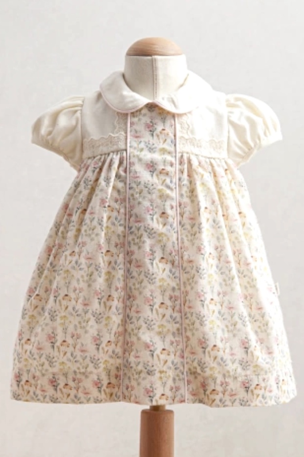 Baby Girl Festive Dress Pink Floral Print with Lace Embellishments 100% Cotton
