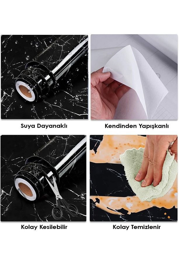 Mermer Folyo Yapışkanlı Yapışkanlı Folyo Mermer Siyah Folyo Mobilya Masası Mutfak Tezgahı Kaplama - 6