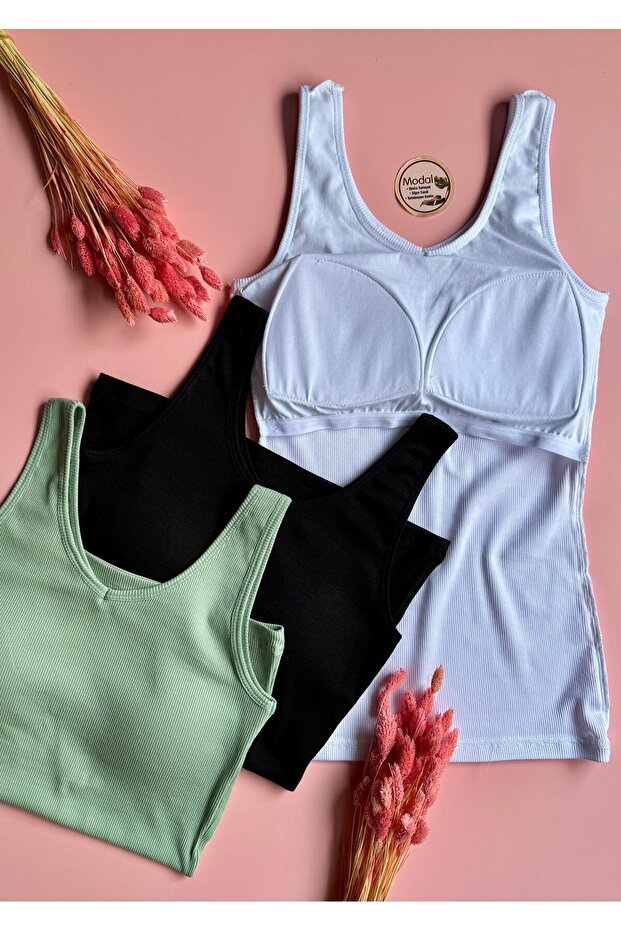 Chic Drape | Modal 3-Piece Black, White and Green, V-Neck Padded Camisole Fabric Women's Blouse 66E53