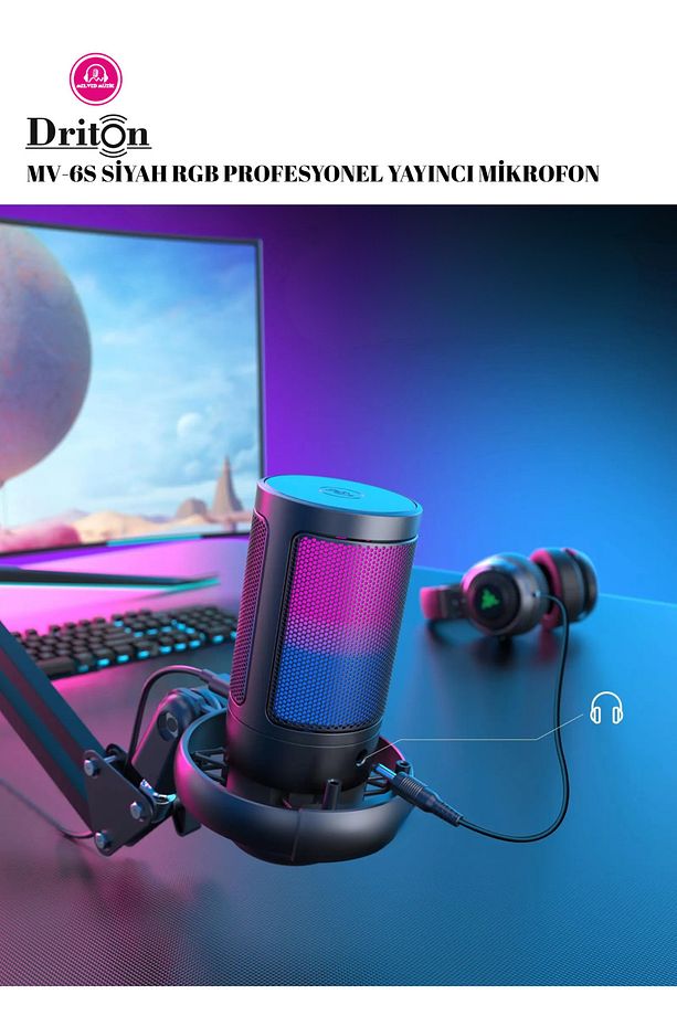 Driton Youtuber Mikrofon Mv-6s Siyah Rgb Usb Oyuncu Yayıncı Ve Podcast Condenser Mikrofon Seti - 3
