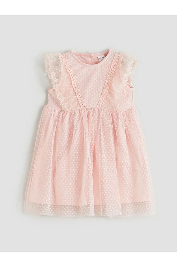 LCW baby Ekru Bisiklet Yaka Çiçekli Kız Bebek Elbise - 1
