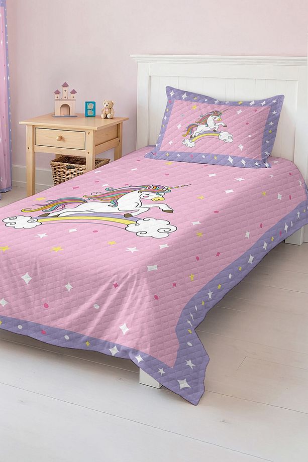 Unicorn Desenli Pembe Kız Çocuk Baskılı Tek Kişilik Pike Takımı - 1
