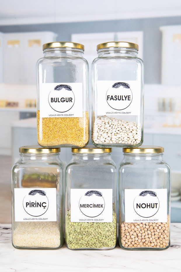 5-Piece Food Storage Organizer Set Chickpeas, Lentils, Rice, Bulgur, Beans 3 Lt Gold Metal Lid