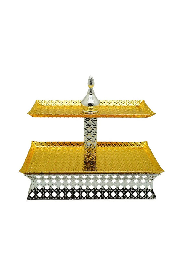 طبق حلوى معدني ذهبي صغير مستطيل الشكل مع اثنين من الدوريات - 1